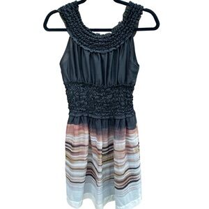 Esley Ruched Top Black and Brown Striped Midi Dress